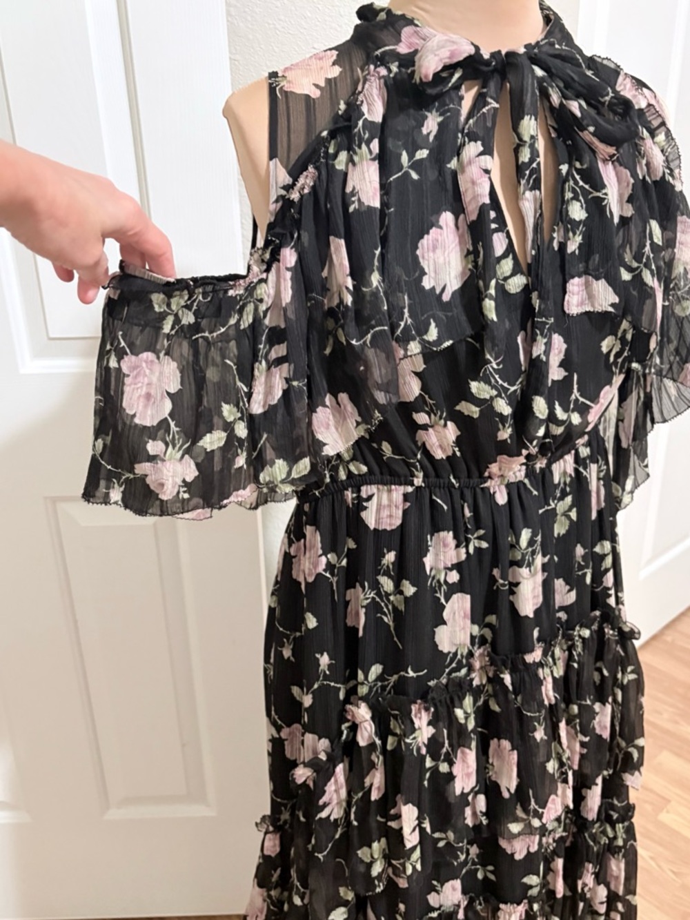🌸Ulla Johnson Noir Black Floral Tie-Neck Tiered High-Low Maxi